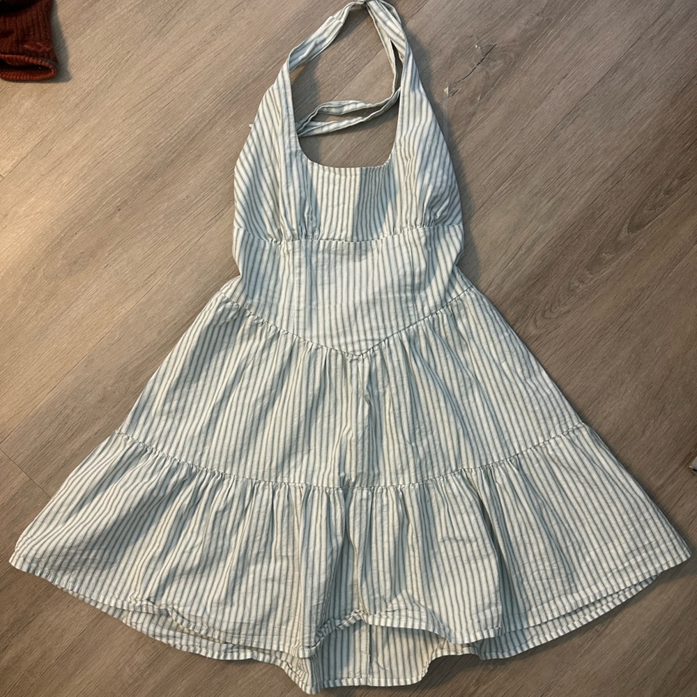 Wild Fable Square Neck, Green and White Striped Babydoll Mini Dress